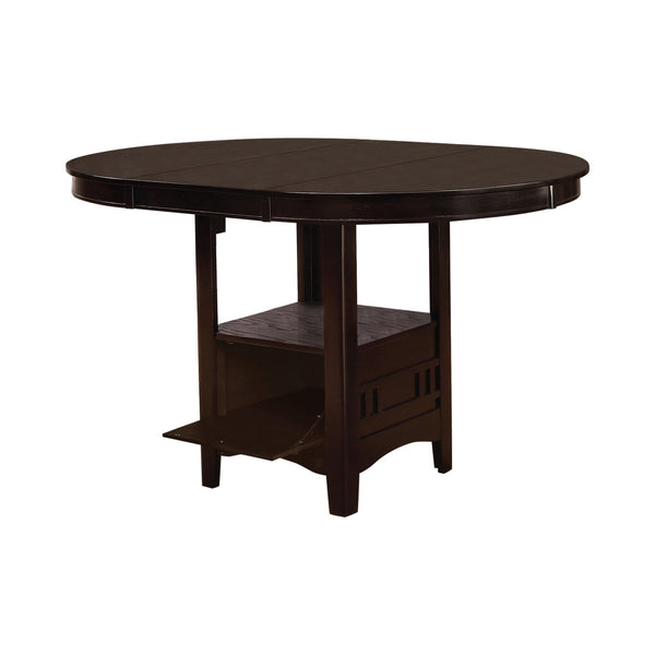 Lavon Oval Espresso Counter Height Table front view with storage base