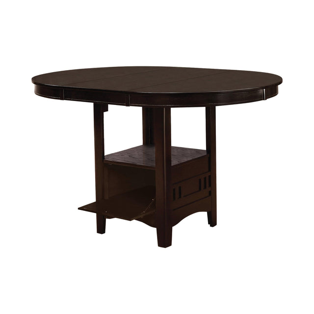 Lavon Oval Espresso Counter Height Table front view with storage base