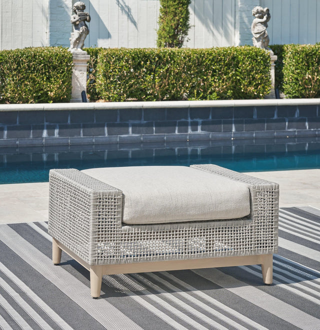 Seton Creek Gray Outdoor Ottoman with Cushion front angle