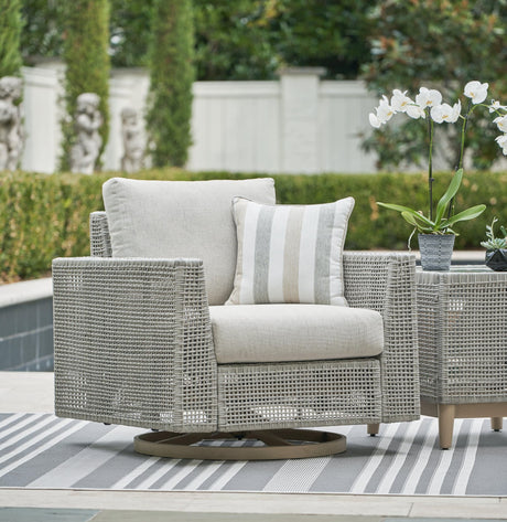 Seton Creek gray outdoor swivel lounge chair front angle