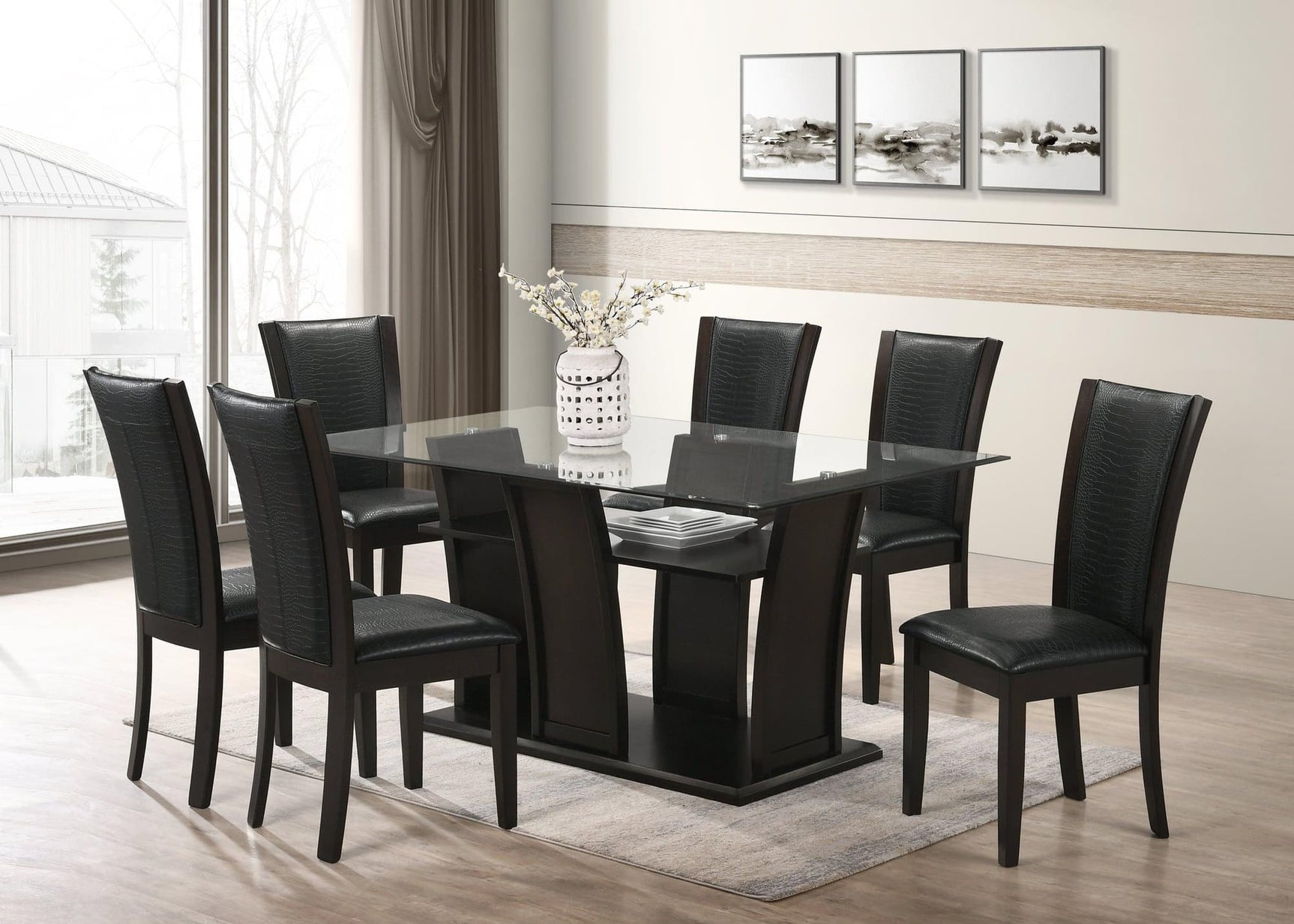 Florida Dark Espresso dining set showing rectangular glass top table and six black faux leather chairs from main view