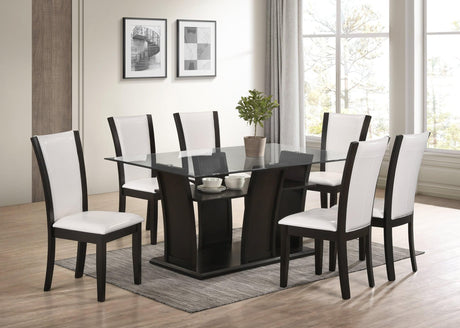 Florida White rectangular dining table with glass top and six white PU chairs