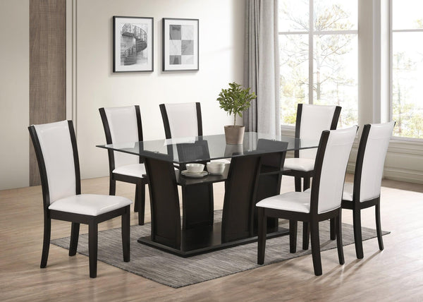 Florida White rectangular dining table with glass top and six white PU chairs