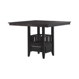 Jaden espresso counter height table angled front view showing open storage and stemware rack