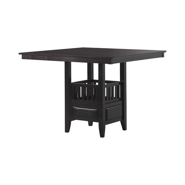 Jaden espresso counter height table angled front view showing open storage and stemware rack
