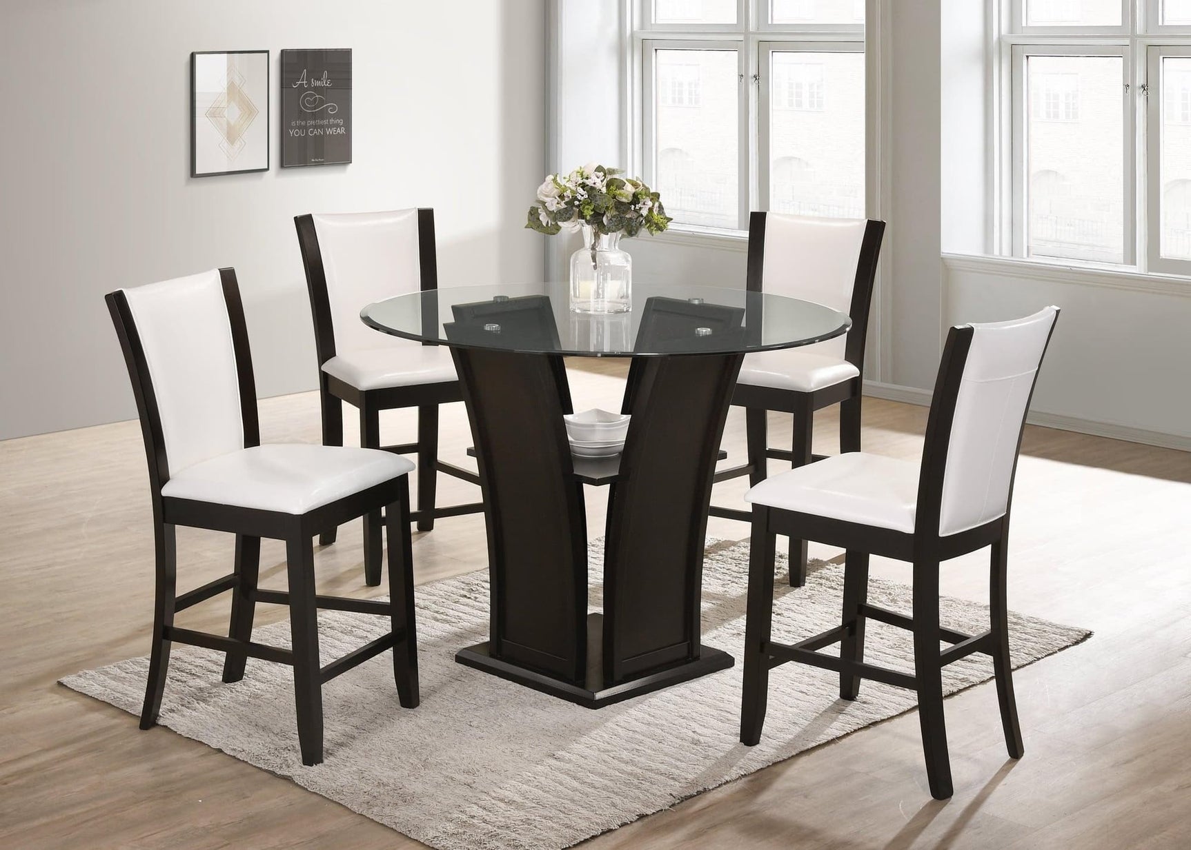 Orlo White Dining Room Set with round glass table and four white PU chairs from main angle