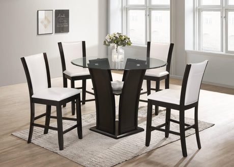 Orlo White Dining Room Set with round glass table and four white PU chairs from main angle