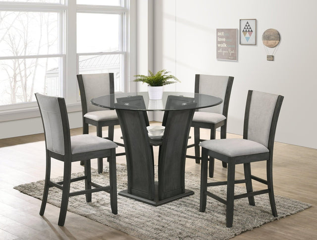 Orlo Grey Dining Room Set with round glass top dining table and four grey linen chairs
