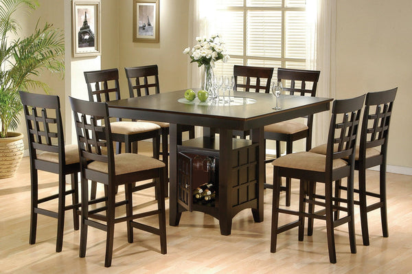 Gabriel 7-Piece Cappuccino dining set with square frosted glass tabletop and six windowpane stools