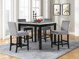 Dior Gray Velvet Dining Room Set with marble top and industrial wood base dining table and four gray velvet chairs