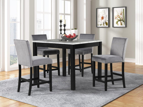 Dior Gray Velvet Dining Room Set with marble top and industrial wood base dining table and four gray velvet chairs