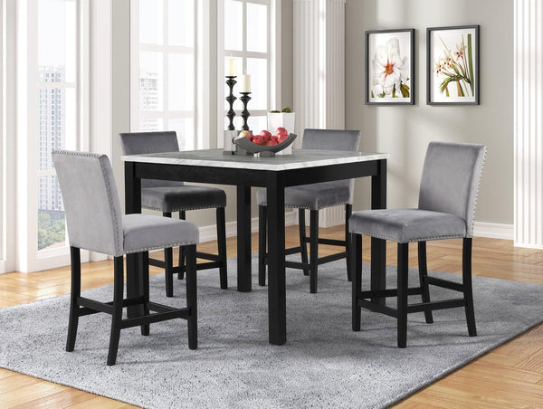 Dior Gray Velvet Dining Room Set with marble top and industrial wood base dining table and four gray velvet chairs