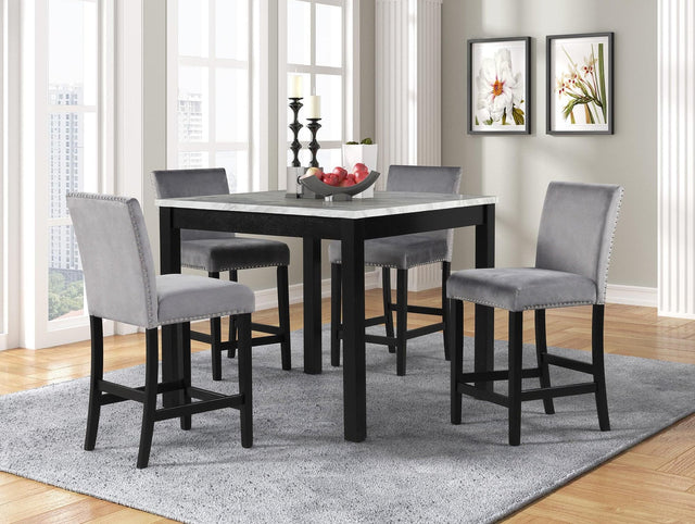 Dior Gray Velvet Dining Room Set with marble top and industrial wood base dining table and four gray velvet chairs
