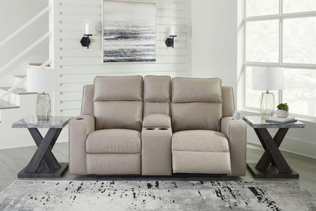 Lavenhorne pebble faux leather reclining loveseat angled closed