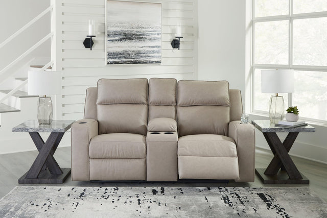 Lavenhorne pebble faux leather reclining loveseat angled closed