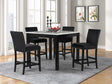 Dior Black Velvet Dining Room Set with marble top table and four velvet chairs from front angle
