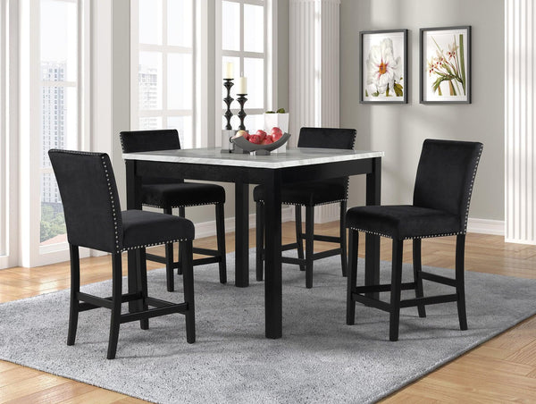 Dior Black Velvet Dining Room Set with marble top table and four velvet chairs from front angle