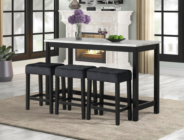 Gloria Black Pub Table with 3 Black Velvet Chairs featuring white faux marble table top and black velvet stools