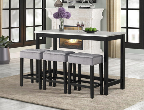 Gloria Gray Pub Table with 3 grey velvet chairs front view