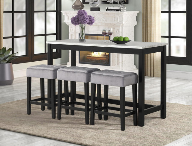 Gloria Gray Pub Table with 3 grey velvet chairs front view