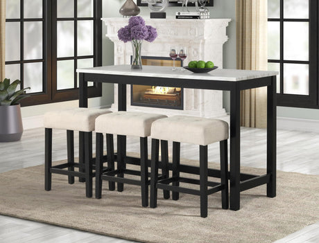 Gloria White Pub Table with 3 linen fabric chairs front view