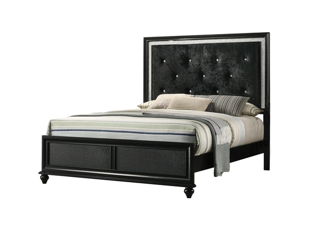 Lila black velvet tufted full upholstered bed angled front view