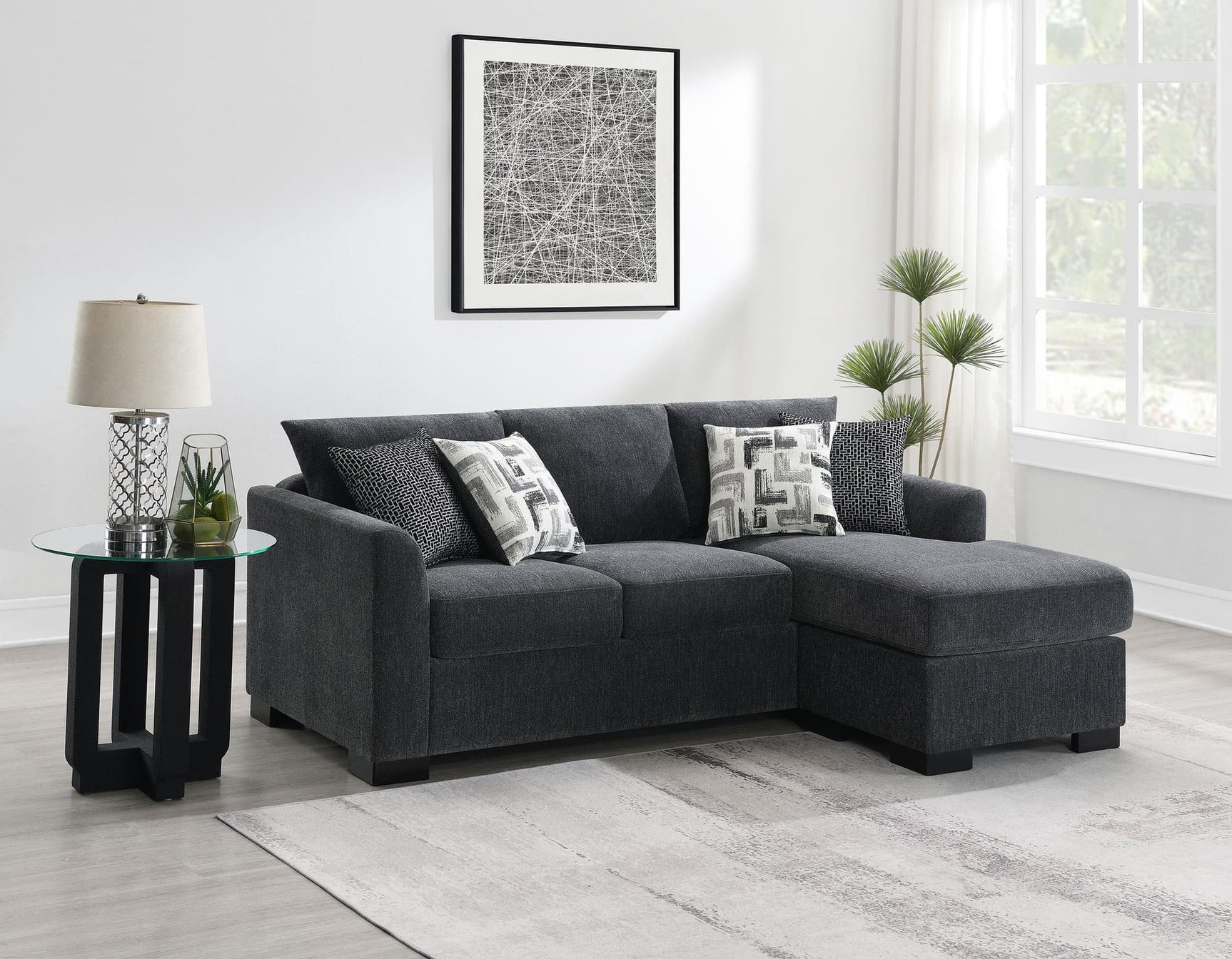 Storey dark grey upholstered sleeper sectional chaise sofa front view