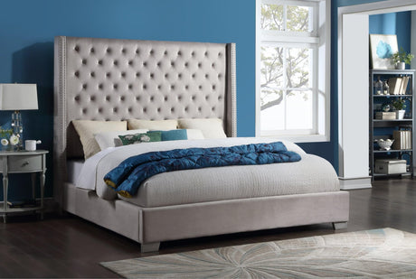 Silver velvet tufted upholstered king bed with 6ft tall headboard viewed from front