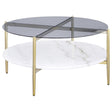 Jonelle coffee table round smoke glass top white marble shelf gold finish front angle