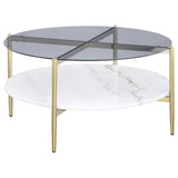 Jonelle coffee table round smoke glass top white marble shelf gold finish front angle