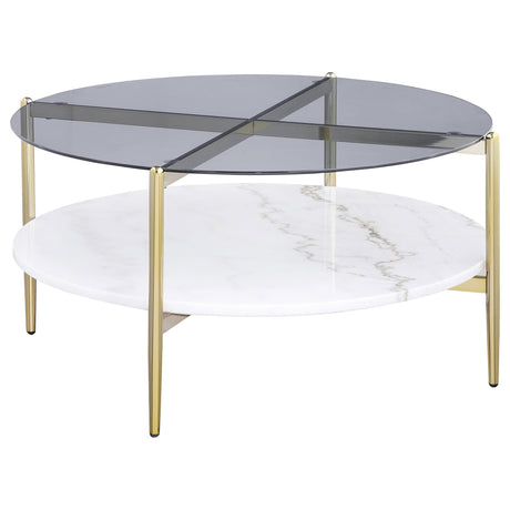 Jonelle coffee table round smoke glass top white marble shelf gold finish front angle