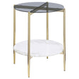 Jonelle round end table showcasing gold metal legs and smoke gray glass top