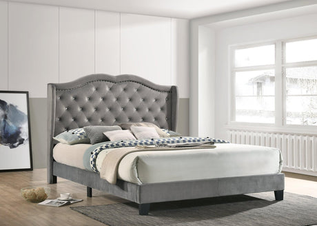 Paradise Gray Velvet Tufted Platform Queen Bed front view