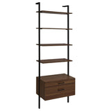Gors bookcase front angle showing walnut shelves and black metal frame