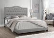 Emma Gray upholstered tufted queen bed with gray linen fabric and solid wood frame