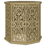 Torres Octagonal Solid Mango Wood Side Table Natural Brown, side angle showing carvings