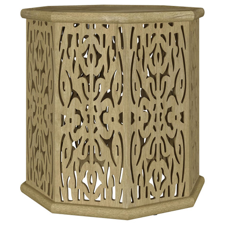 Torres Octagonal Solid Mango Wood Side Table Natural Brown, side angle showing carvings