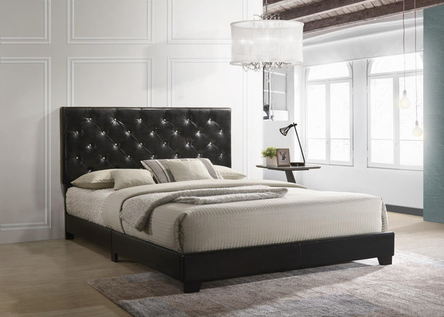 Ridenhour black faux leather tufted platform full bed angled view