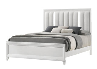 White velvet upholstered queen bed with LED headboard, front view
