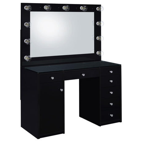 Front view of Acena 7-drawer vanity set in black high gloss with lit mirror
