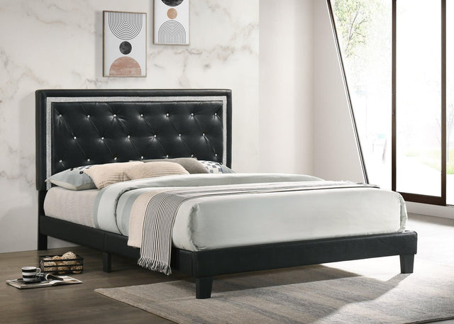 Patty black PU upholstered tufted platform king bed showing headboard and footboard