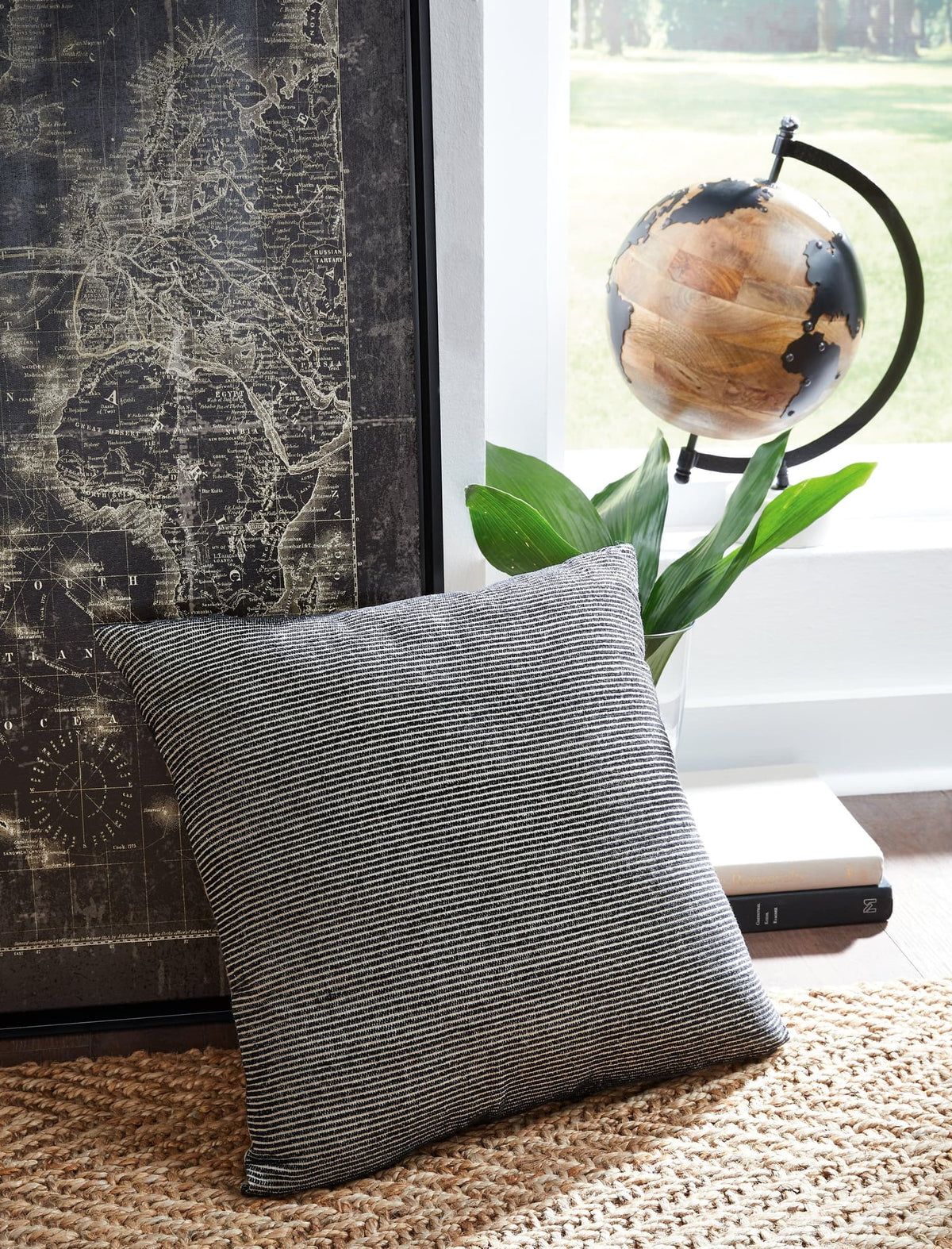 Front view of Edelmont Black and Linen Striped Pillow