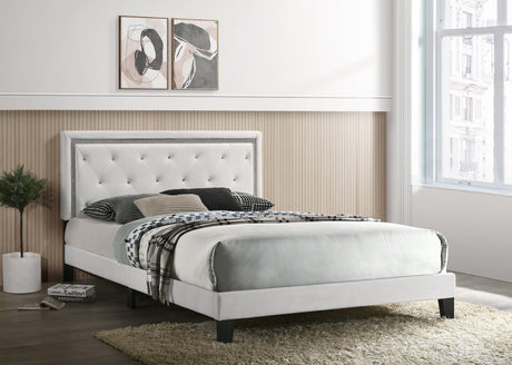 Passion white velvet upholstered tufted platform queen bed angled view