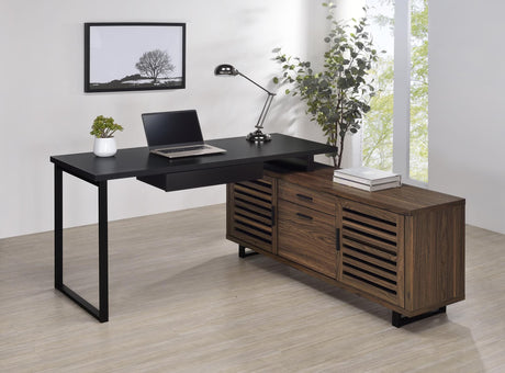 Turamba Brown L-Shaped Executive Desk front view showing storage credenza