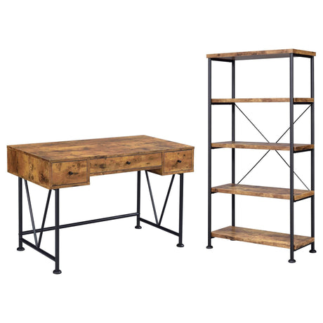 Analiese writing desk with three drawers and black metal frame, front angle