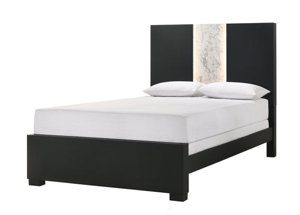 Rangley Black Modern Contemporary Solid Wood Marble LED King Bed front view