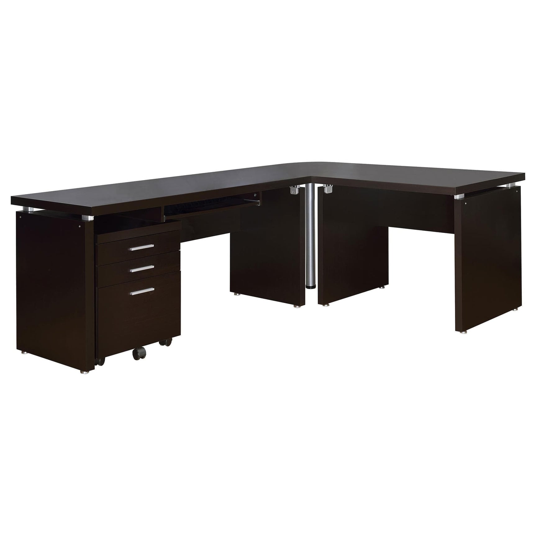 Skylar L-shaped desk and mobile file cabinet set in cappuccino, angled view