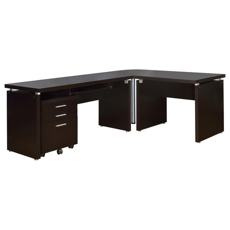 Skylar L-shaped desk and mobile file cabinet set in cappuccino, angled view