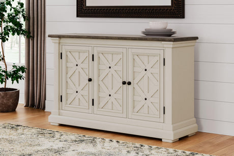 Bolanburg Two-tone Dining Server front view with three latticed doors