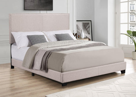 Sand Beige linen fabric upholstered panel twin bed front view
